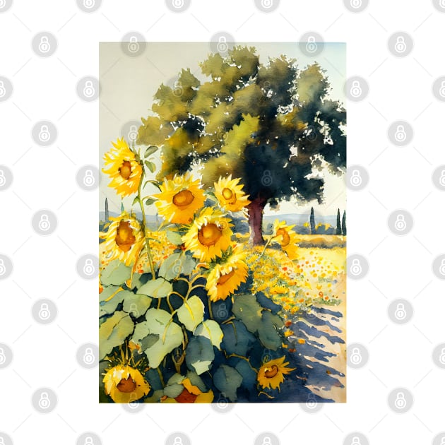 Watercolor Field of Sunflowers on a Sunny Day by designs4days