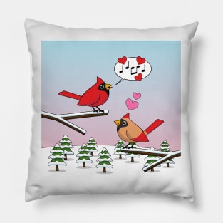 Cute Red Northern Cardinals Love Winter Landscape Pillow