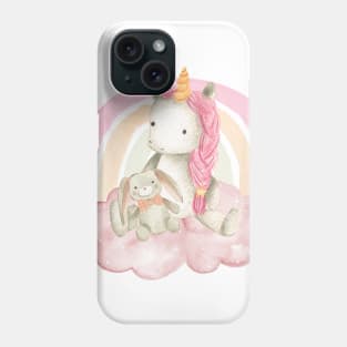 Cute pink baby unicorn with her favourite bunny toy sitting on a fluffy pink cloud Phone Case