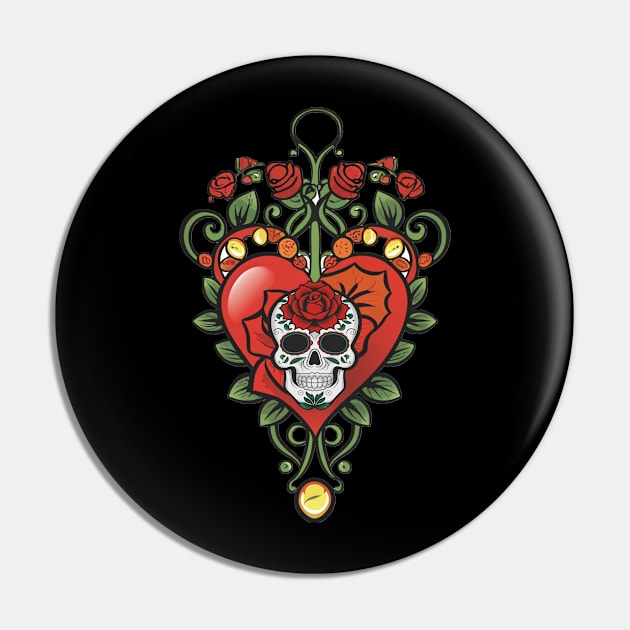 Mexican Pride Skull Heart & Rose Graphic Art Pin by tamdevo1