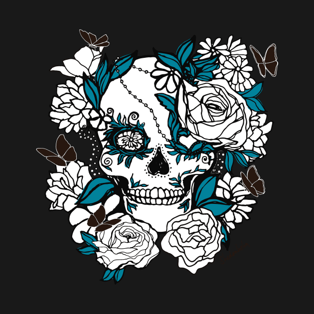 Skull Line Drawing with Butterflies and Flowers in Blue and Black by BigBridgeStudios