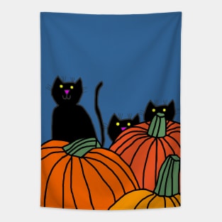 Three Black Cats in the Halloween Pumpkin Patch Tapestry