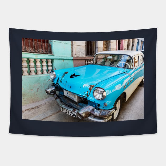 Blue And White Car In Havana Cuba Tapestry by tommysphotos