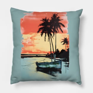 Palm Trees Sunset Tropical Beach Boat Seascape Graphic Pillow