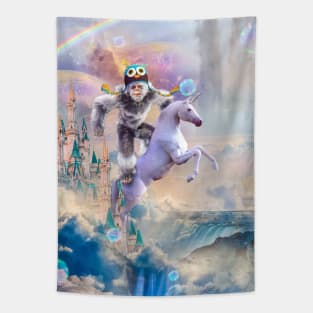 Bigfoot Yeti Sasquatch Riding Unicorn Tapestry