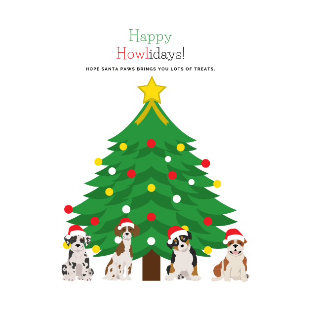 Happy Howlidays with Christmas Tree and Santa Puppies (Great Dane, Australian Shepherd, Brittany Spaniel and English Bulldog) by Seasonal Dogs