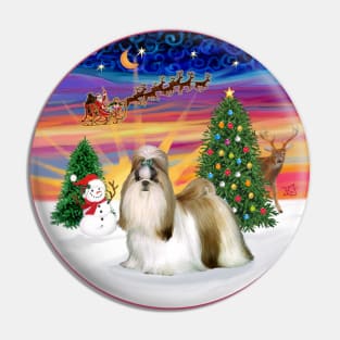 Santa's Sunset Take Off Featuring a Long Haired Brown and White Shih Tzu Pin