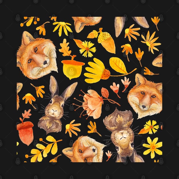 Watercolour Fall Autumn Leaves Wild Animals Pattern by MysticMagpie