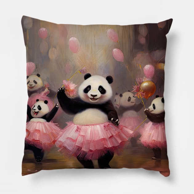 Panda Prima Ballerinas: Graceful Recital in Pink Tutus Pillow by MerlinArt