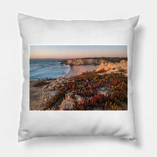 Sunset in beach with rocks in Porto Covo in Alentejo, Portugal Pillow