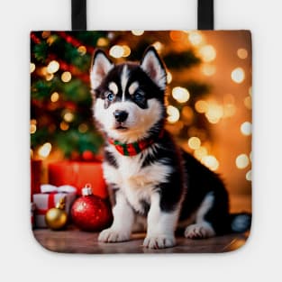 Husky Puppy Dog with Christmas Gifts Tote