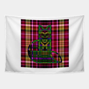 Green Plaid Kitty Tapestry