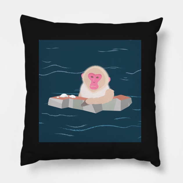 Snow monkey hot spring bathing Pillow by Avisnanna