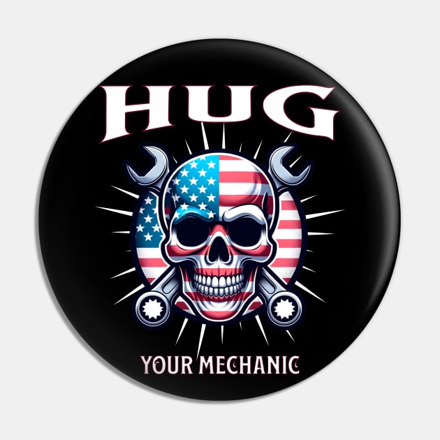 Hug Your Mechanic USA American Skull American Flag Wrench Tools Smiling Skull Face Pin by Carantined Chao$