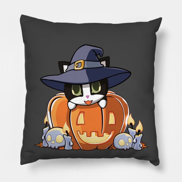 tuxedo cat in a pumpkin Pillow by Myanko