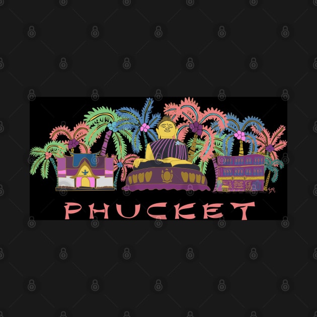 Neon bright night Phucket Thailand - coral, yellow, purple, blue, black by Ipoole