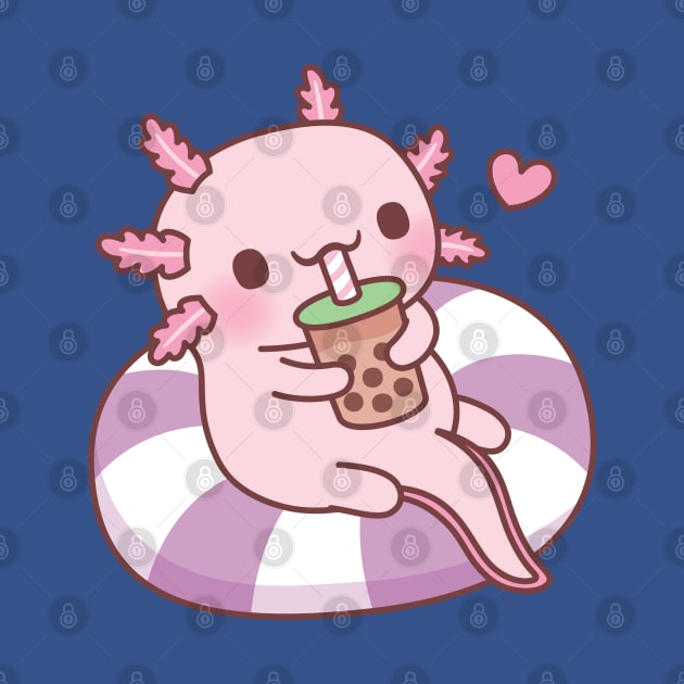 Cute Axolotl Chilling On Pool Float Drinking Boba Tea by rustydoodle