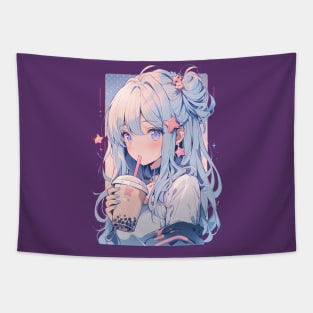 Boba Tea Anime Girl Manga Kawaii Japanese Bubble Tea Tapestry