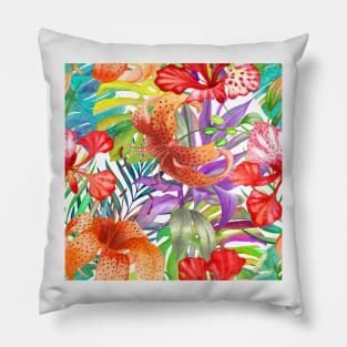 Tropical flowers, palm leaves watercolor colorful print. Lily, Delonix flowers, Monstera, Banana leaf, Cordyline exotic summer jungle print Pillow