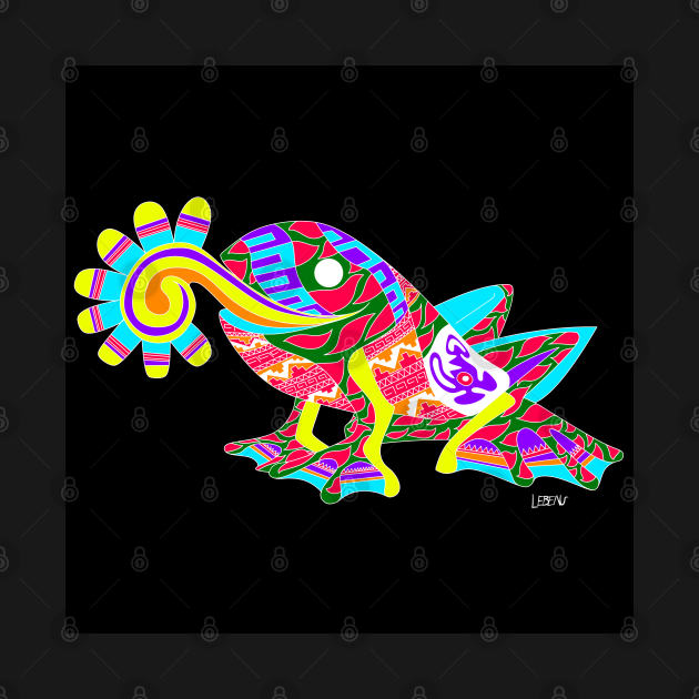 wild ecopop mister don frog in mexican totonac patterns art by jorge_lebeau