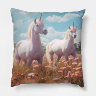 Pastel Unicorn Duo Frolicking in the Field Pillow