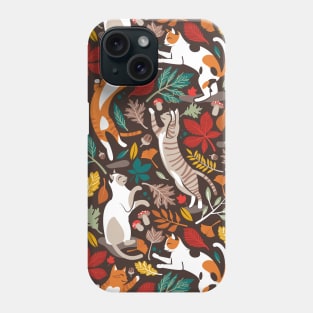 Autumn joy // pattern // brown oak background cats dancing with many leaves in fall colors Phone Case