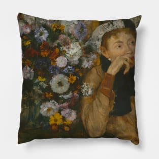 A Woman Seated beside a Vase of Flowers by Edgar Degas Pillow