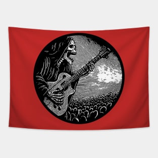 "Reaper Riffs: Unleash the Power of the Afterlife with our Electric Guitar-Strumming Grim Reaper Design! Dark meets Rock in this Edgy Artwork – Perfect for Those Who Crave Musical Macabre Tapestry