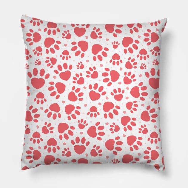 Cute Coral And White Heart Animal Paw Print Pattern Pillow by Printable Pretty