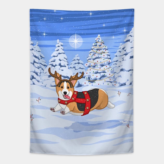 Cute Red Tricolor Corgi in Christmas Reindeer Costume Tapestry by csforest