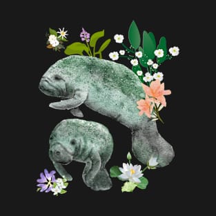 Beautiful Manatees With Colorful Flowers Nature Design T-Shirt