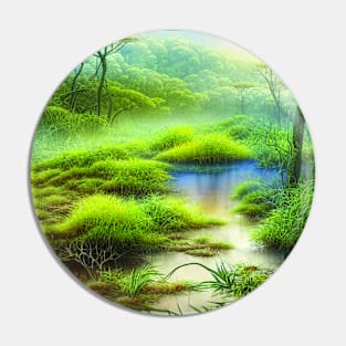 Landscape Painting with Tropical Plants and Lake, Scenery Nature Pin