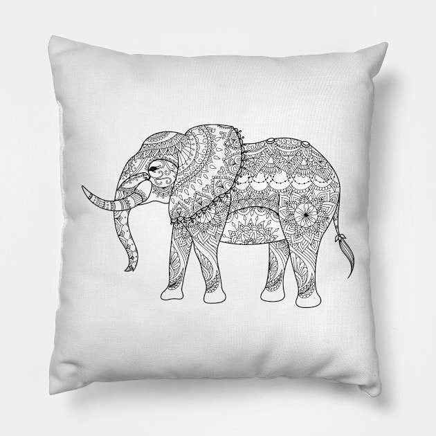 Henna Elephant in Black Pillow by edwardecho