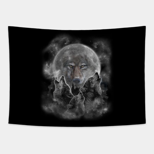 Three Wolves Howling - Full Moon with Wolf Silhouette Tapestry by The Full Moon Shop