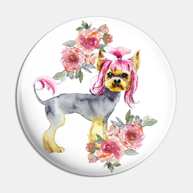 Cute Yorkshire Terrier Yorkie with Pink Hair Puppy Watercolor Art Pin by AdrianaHolmesArt