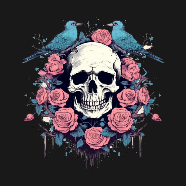 Skull with Roses and Birds by TOKEBI