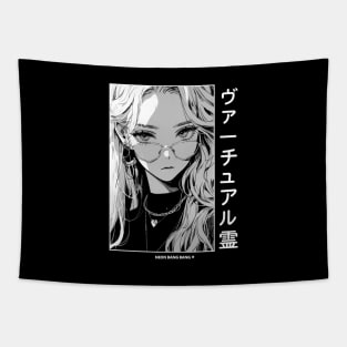 Stylish Japanese Girl Anime Black and White Manga Aesthetic Streetwear Tapestry