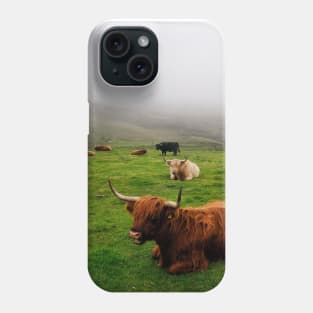 Highland cattle on the misty coast of Islay, Scotland Phone Case