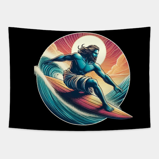 Retro Jesus Christ On Surfboard Tapestry by TomFrontierArt