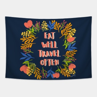 Eat Well Travel Often Indigo | Floral Wreath | Quote Tapestry