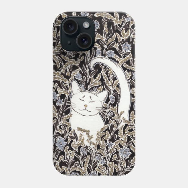 Black Neko named Nana with detailed Gold and Blue Floral Pattern Background Phone Case by paintingbetweenbooks