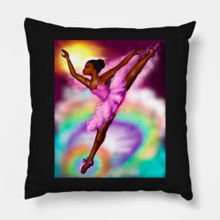 Black ballerina with corn rows and sky background   ! beautiful  black girl with Afro hair and dark brown skin wearing a pink tutu.Hair love ! Pillow