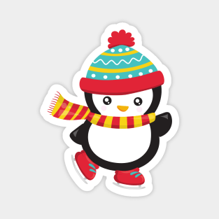 Christmas Penguin, Ice Skating Penguin, Hat, Scarf Magnet