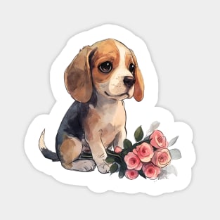 Valentine Beagle Dog Giving Flowers Magnet