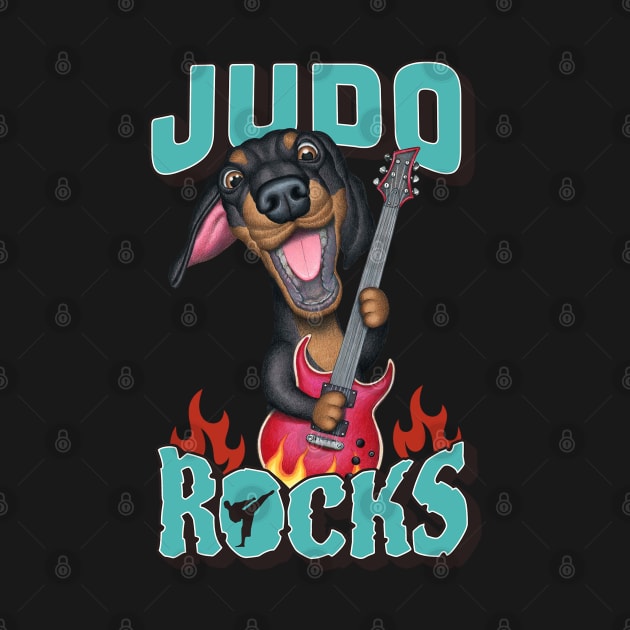 Judo Rocks with Dachshund Doxie Dog with guitar tee by Danny Gordon Art