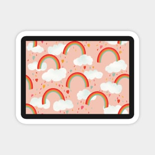 Clouds, rainbows and love hearts on a pink background Magnet