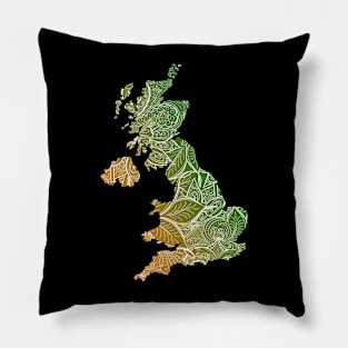 Colorful mandala art map of United Kingdom with text in green and orange Pillow