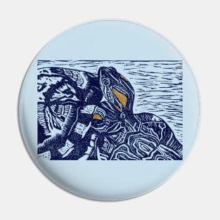 Pet Turtles Friends Linocut (blue/gold) Pin