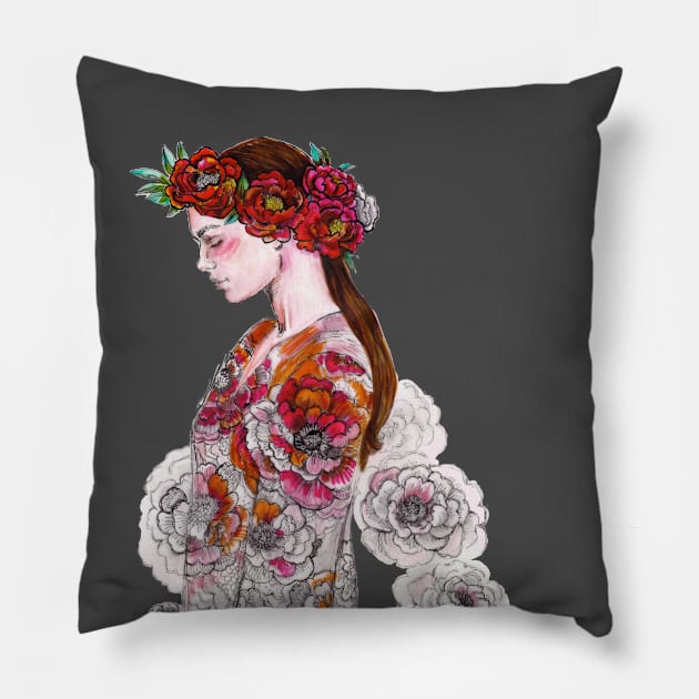 Woman with a Flower Crown - Boho Chic - Fashion Illustration. Pillow by FanitsaArt