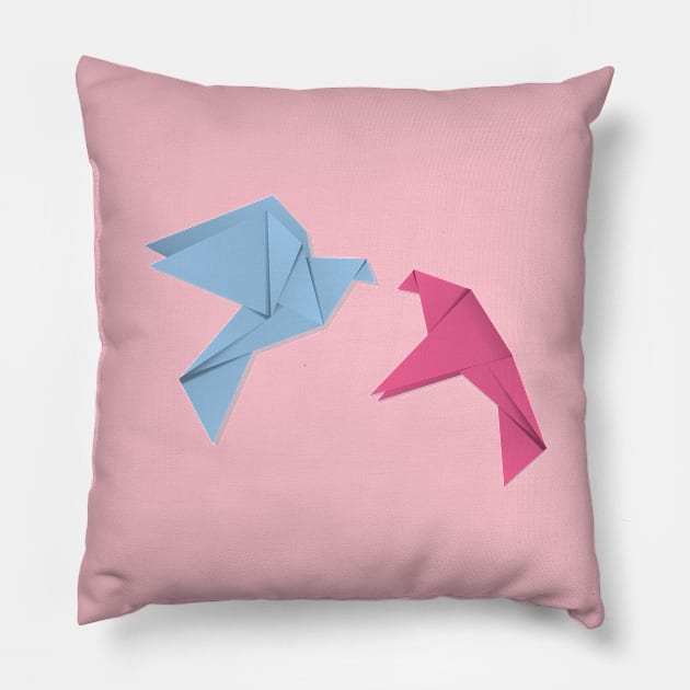 Blue and pink origami pigeons Pillow by AnnArtshock